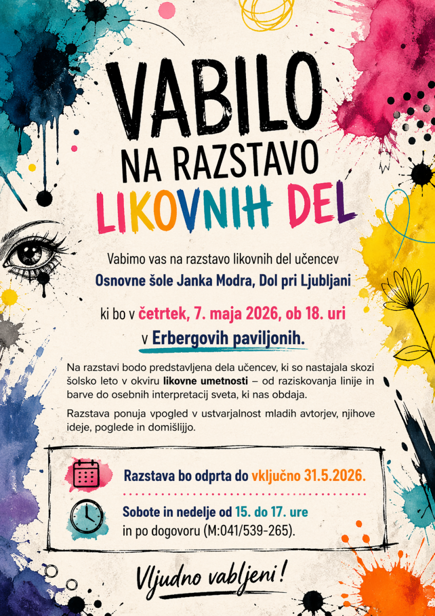 UČENCI OŠ JANKA MODRA, DOL PRI LJUBLJANI BODO SVOJA LIKOVNA DELA RAZSTAVILI V ERBERGOVIH PAVILJONIH