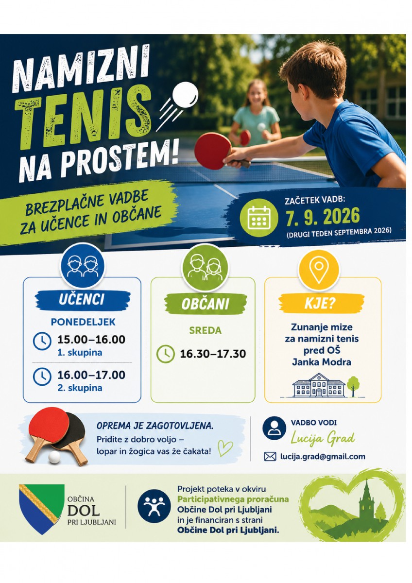 Brezplačne vadbe namiznega tenisa v okviru participativnega proračuna