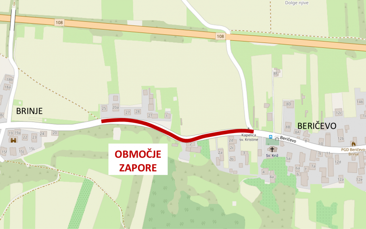 Popolna zapora ceste med naseljema Brinje in Beričevo